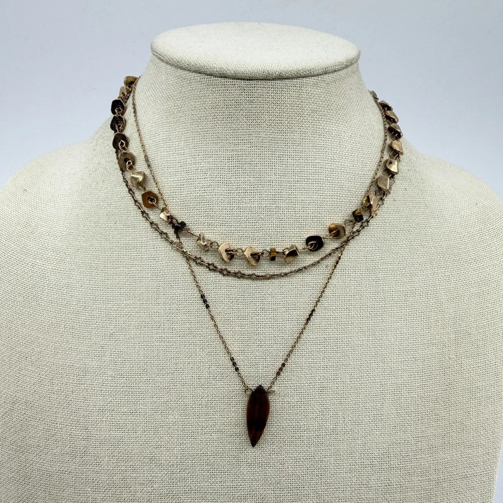 Gold Tone Brown Marquise Pendant Multi Strand Necklace Boho Statement Jewelry
